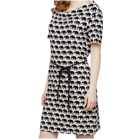 HATLEY NWT Large Elephant Print Black White Belted Cowl Neck Knee Length Dress - Picture 1 of 9
